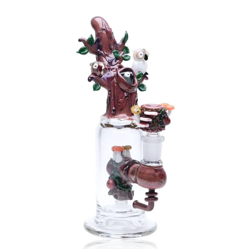 Empire Glassworks Hooties Tree mini dab rig with whimsical maroon tree bong