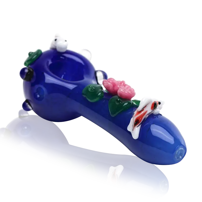 Empire Glassworks koi pond spoon pipe with blue glass, pink roses, green leaves, white koi fish