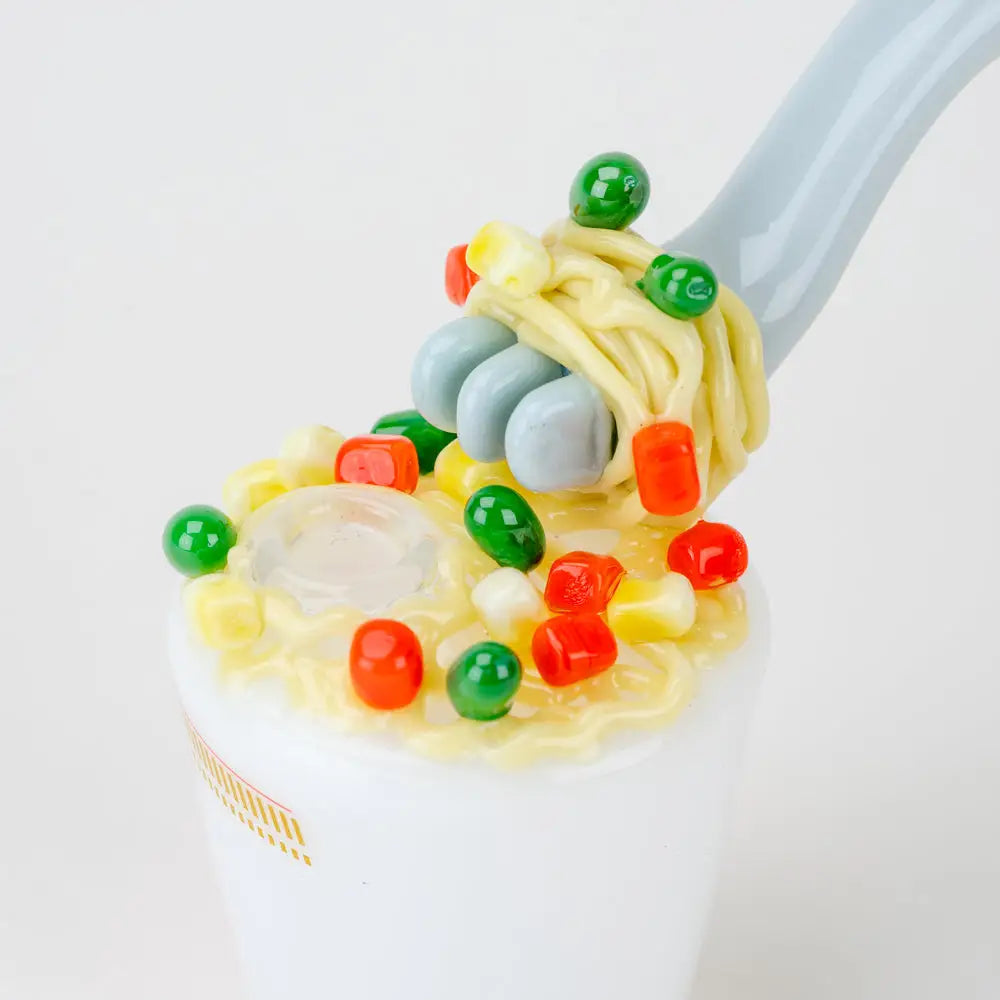Empire Glassworks Mini Dab Rig Fork and Noods glass figurine with spoon lifting noodles from candy cup