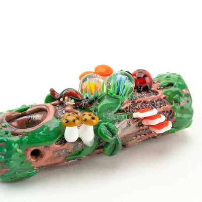 Empire Glassworks mossy log hand pipe with colorful mushrooms and ladybugs