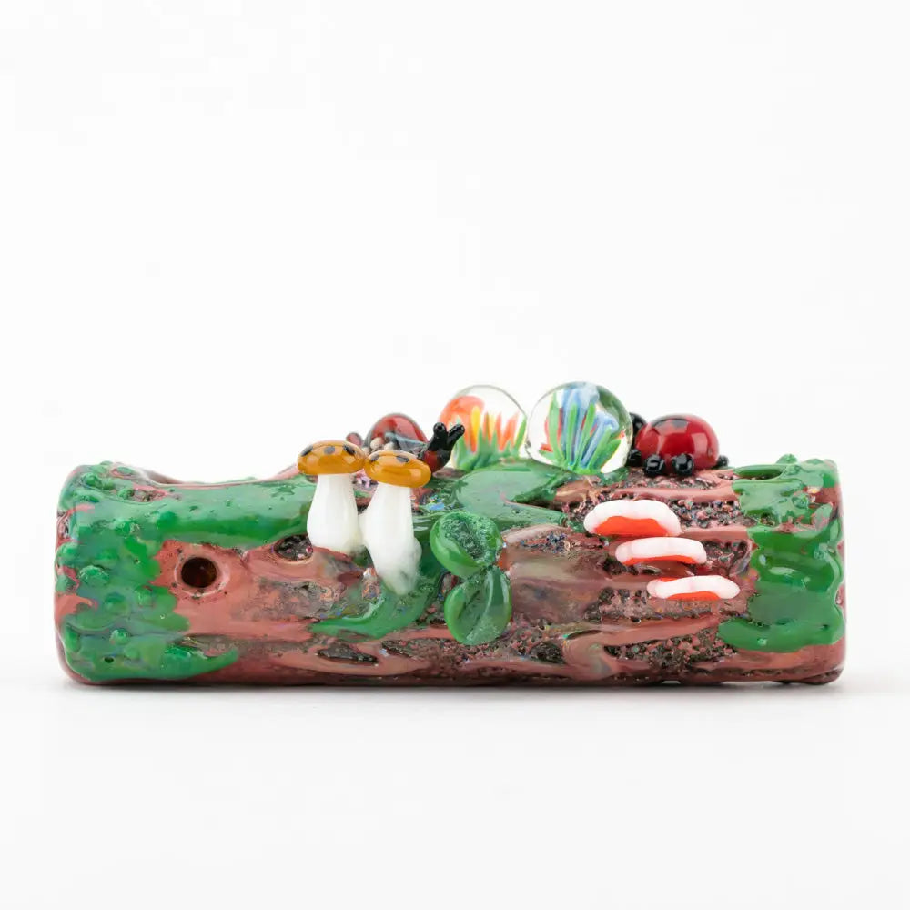 Empire Glassworks mossy log hand pipe with mushrooms and ladybugs
