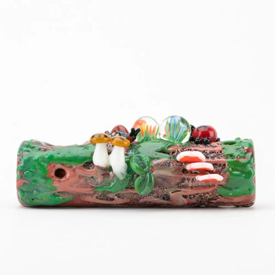 Empire Glassworks mossy log hand pipe with mushrooms and ladybugs
