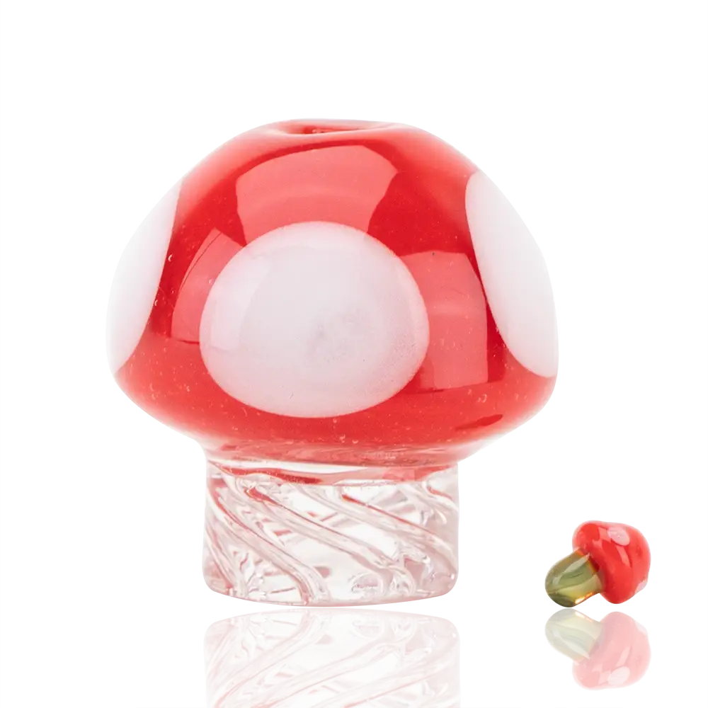 Vibrant red Empire Glassworks mushroom spinner cap carb cap with clear base