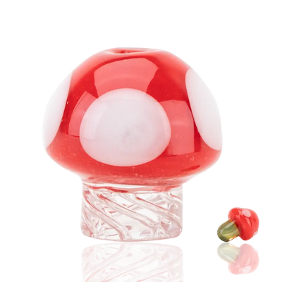 Vibrant red Empire Glassworks mushroom spinner cap carb cap with clear base