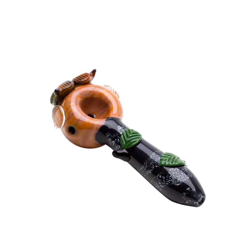 Empire Glassworks owl spoon pipe with orange bowl and leaf designs
