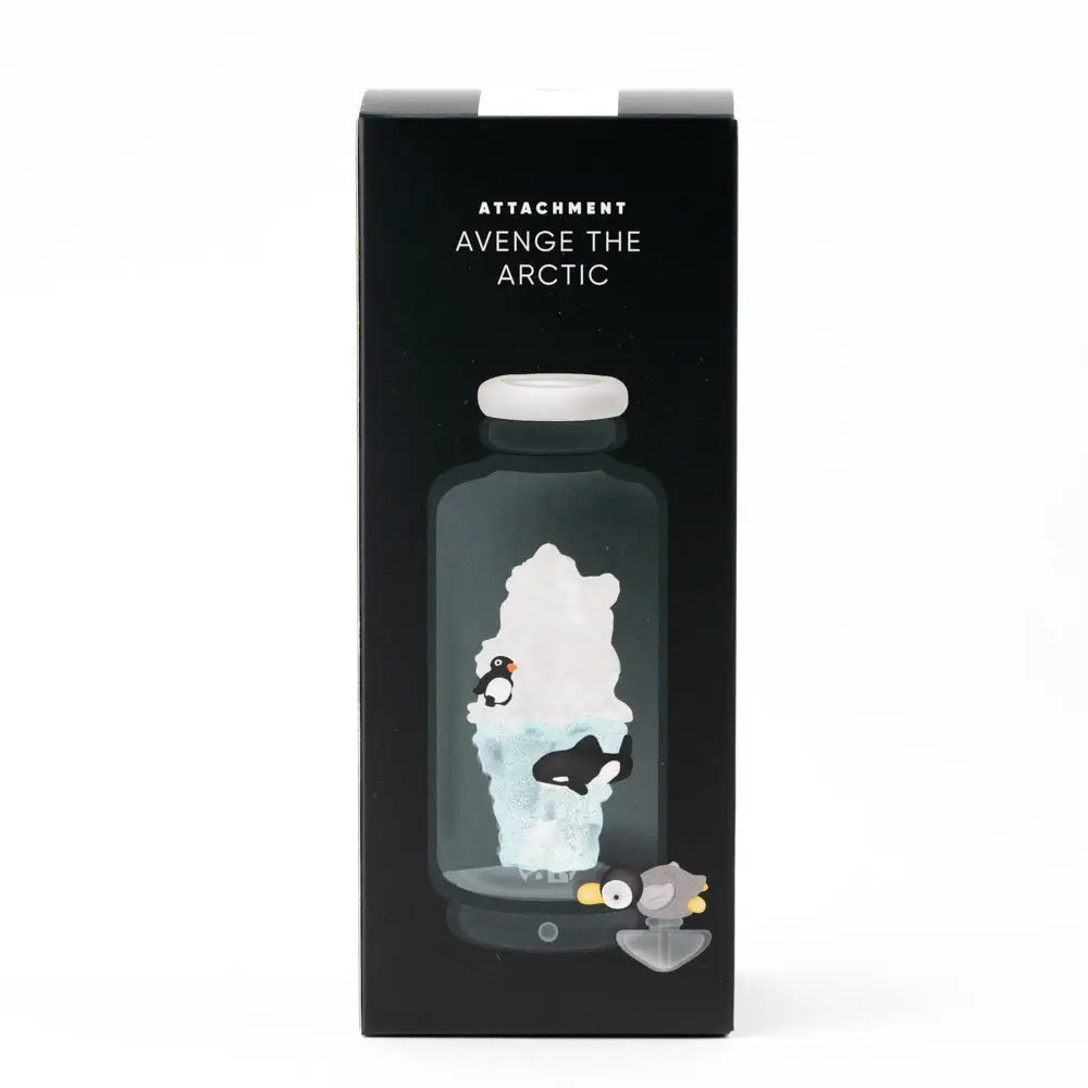 Empire Glassworks Peak Attachment with arctic iceberg penguins in clear bottle