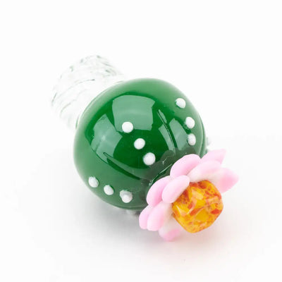 Empire Glassworks Peyote Spinner Cap: green cactus glass carb cap with pink flower