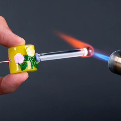 Empire Glassworks Poker Wand Sunshine Garden yellow bead with flowers