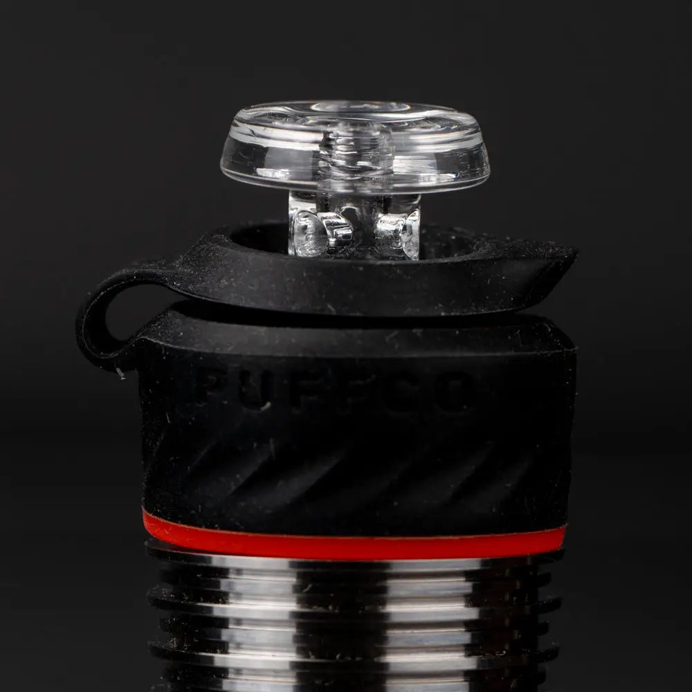 Empire Glassworks Puffco glass joystick cap in black silicone with red band