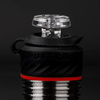 Empire Glassworks Puffco glass joystick cap in black silicone with red band