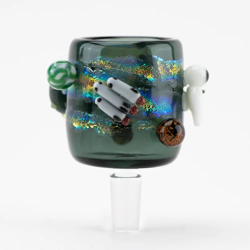 Empire Glassworks Puffco Proxy Attachment: Dark green glass pipe with iridescent swirls and hand-shaped decorations