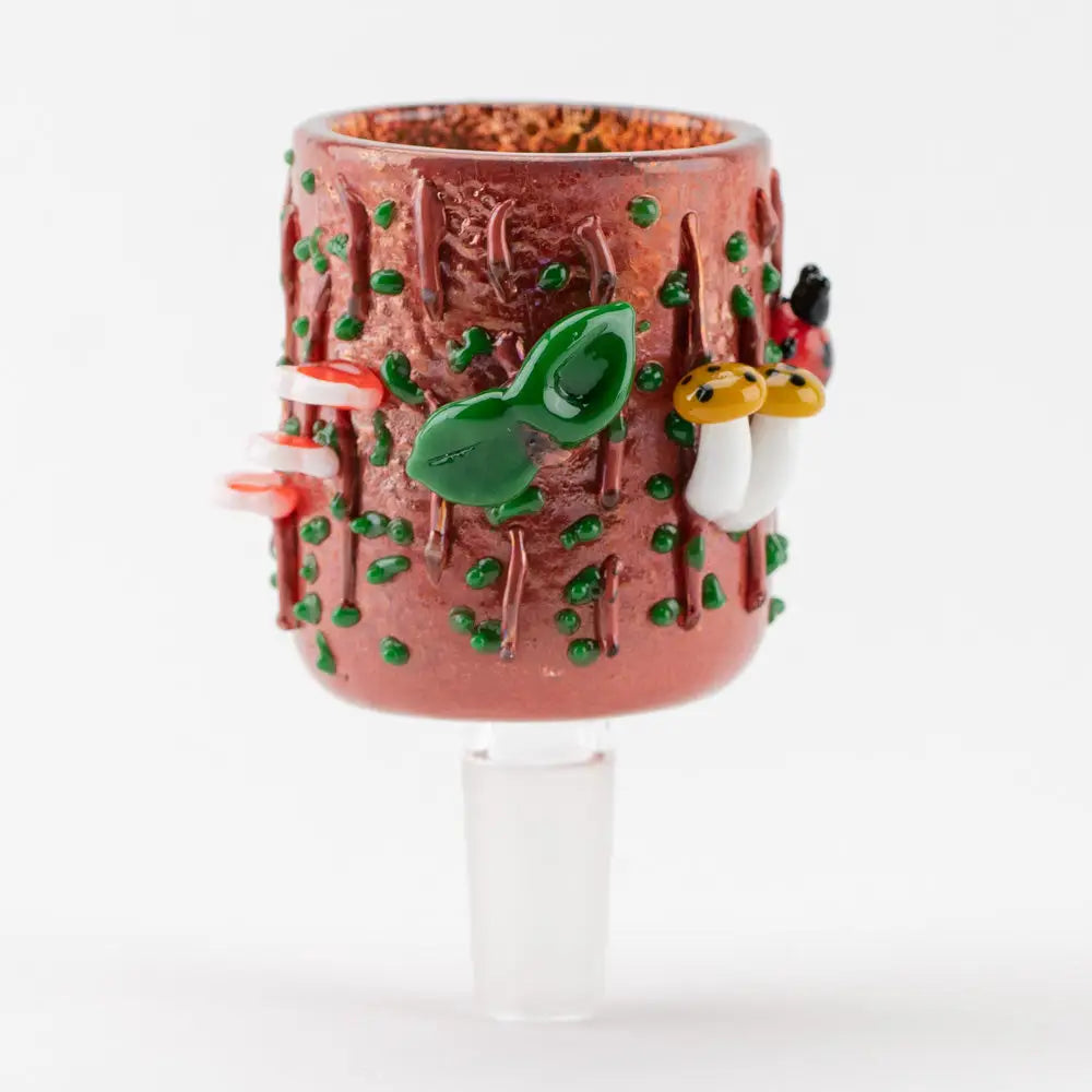 Empire Glassworks Puffco Proxy Attachment Hootie 14mm male bong bowl with red textured glass, green leaves, mushrooms