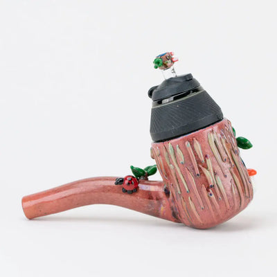 Whimsical Empire Glassworks Puffco Proxy attachment: pink ceramic Sherlock Hootie pipe with bark texture, leaves, ladybugs