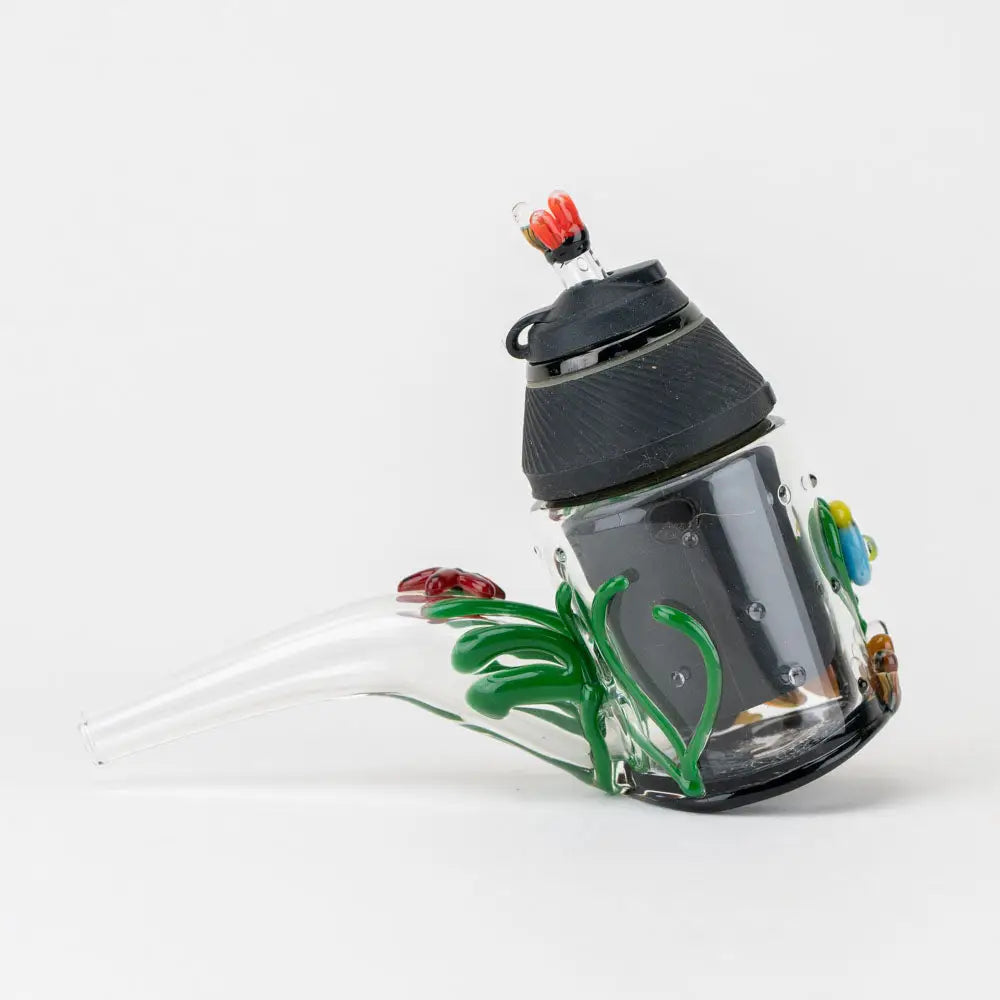Empire Glassworks Puffco Proxy Attachment: Clear glass pipe with black cap and colorful floral embellishments