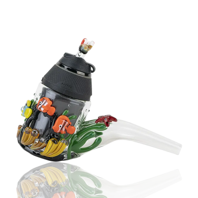 Empire Glassworks Puffco Proxy Attachment with clear glass bottle, black lid, and colorful hand-blown fish coral decorations