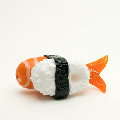 Empire Glassworks shrimp nigiri hand pipe with glossy orange white glass fish design