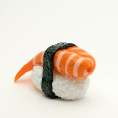 Empire Glassworks shrimp nigiri hand pipe with orange white striped glass and black seaweed wrap
