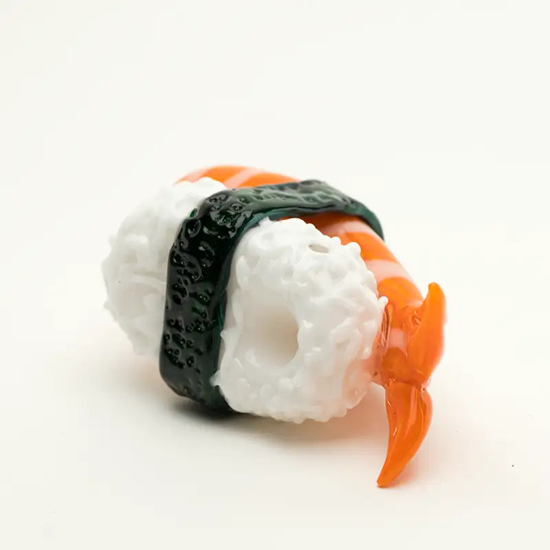 Empire Glassworks Shrimp Nigiri Hand Pipe with translucent orange shrimp sushi design
