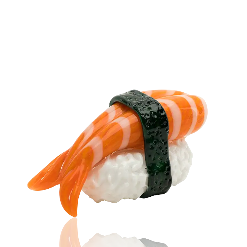 Empire Glassworks shrimp nigiri hand pipe with orange white striped glass sushi
