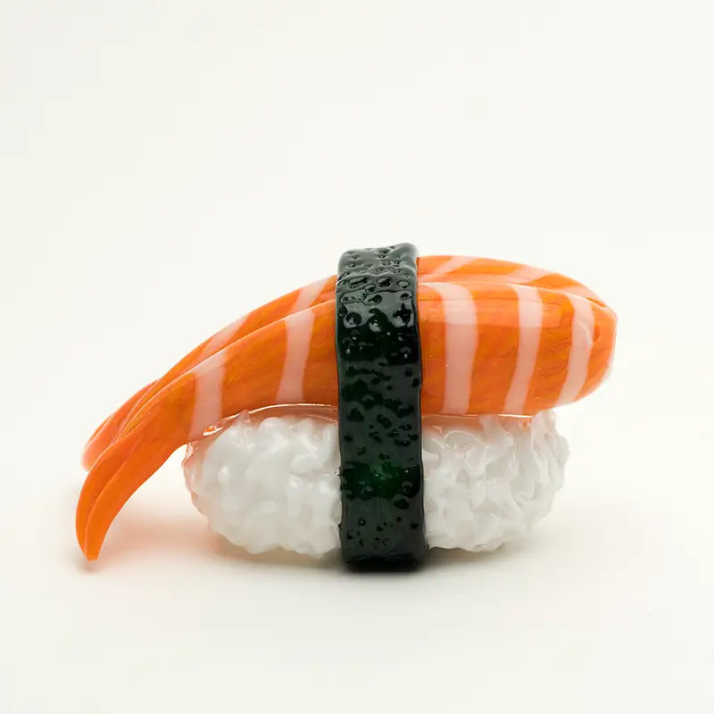 Empire Glassworks shrimp nigiri hand pipe with orange white striped glass sushi and black seaweed wrap