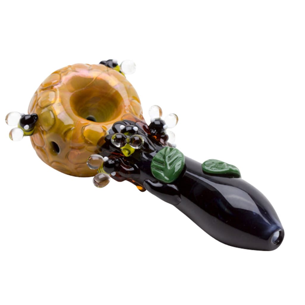 Empire Glassworks Spoon Pipe with honeycomb bowl and bee accents showcases intricate lampwork