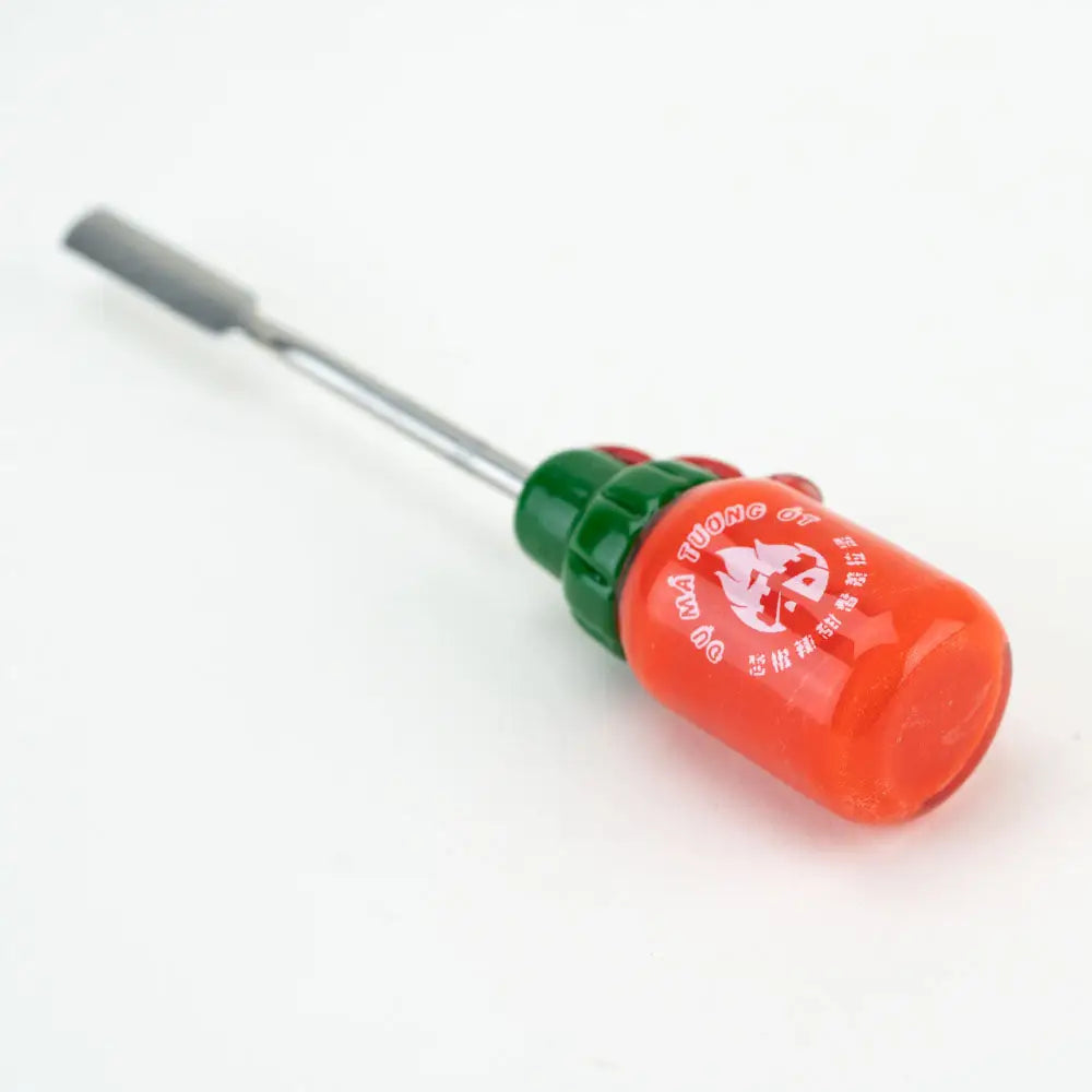 Empire Glassworks Sriracha dab tool in borosilicate glass, orange-green handled screwdriver design