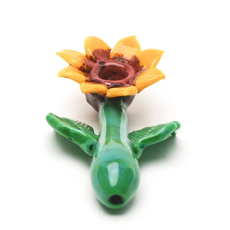 Empire Glassworks sunflower glass hand pipe in yellow, brown, green