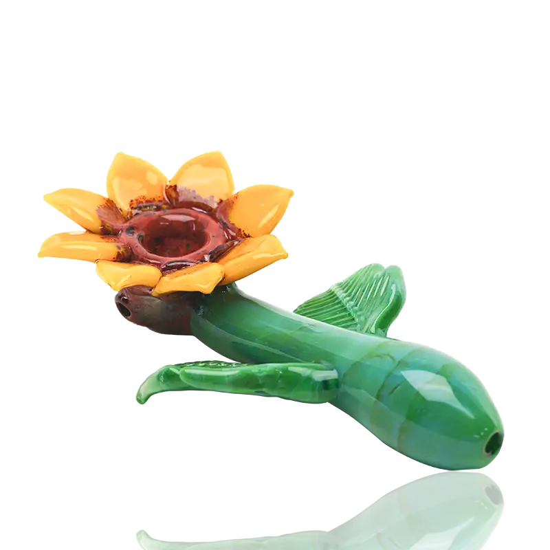 Empire Glassworks sunflower glass hand pipe in vibrant yellow and green