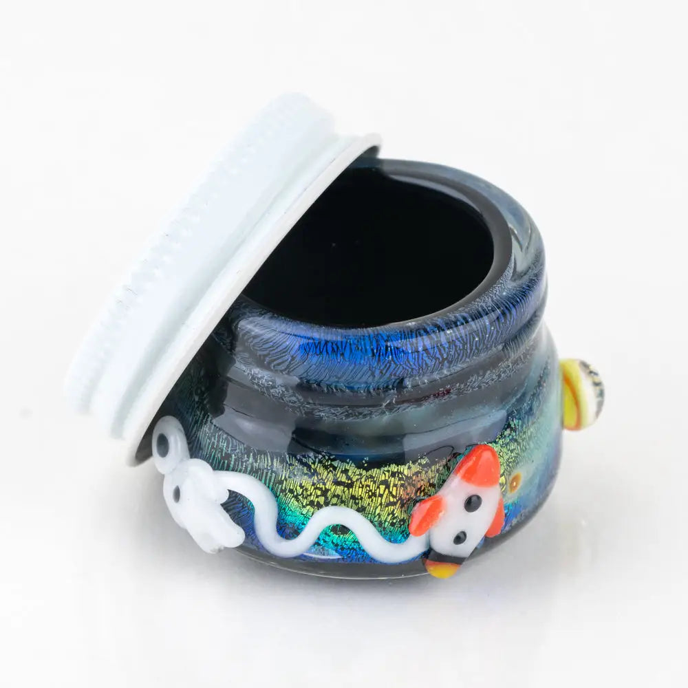 Vibrant Empire Glassworks terp jar with colorful fish and white lid