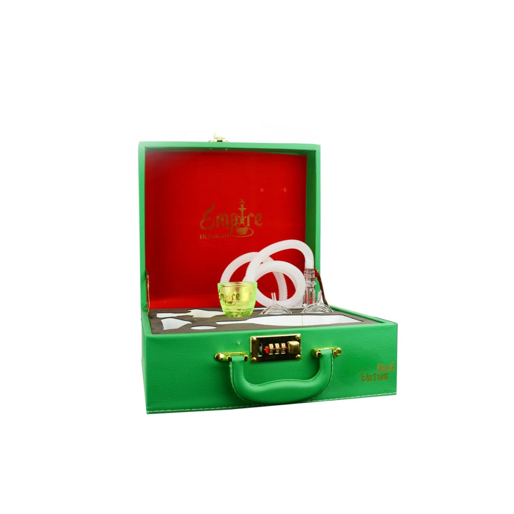 Empire Hookah Skull Edition green leather briefcase with gold lock, detailed skull design, yellow bowl, clear base, white hose