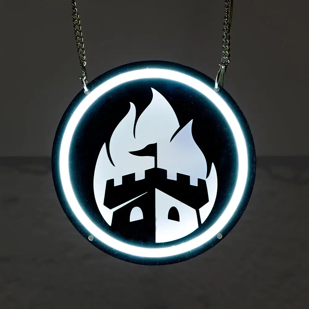 Empire neon sign pendant: glowing white ring, silver flame castle on black