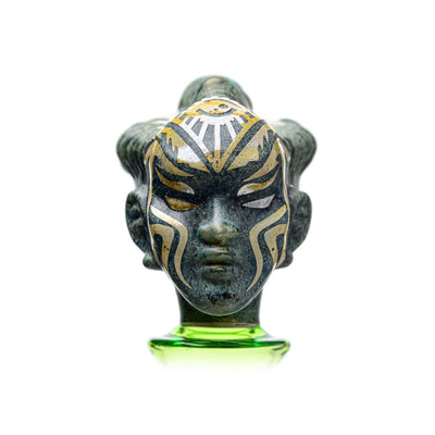 Ornate stone ceramic head on green base - Thick Glass Etch Dab Rig With Slitted Cut Perc
