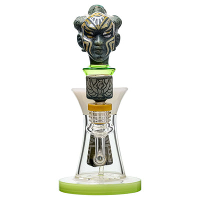 Ornate glass etch dab rig with slitted cut perc and tribal-style head, 10 inches tall