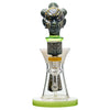 Ornate glass etch dab rig with slitted cut perc and tribal-style head, 10 inches tall