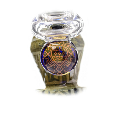 Glass pipe bowl with decorative patterned insert on Etch Dab Rig V2 with Slitted Cut Perc