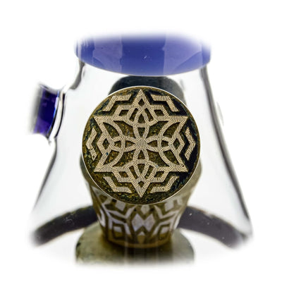 Clear glass smoking bowl with blue rim and ornate pull handle for Etch Dab Rig V2