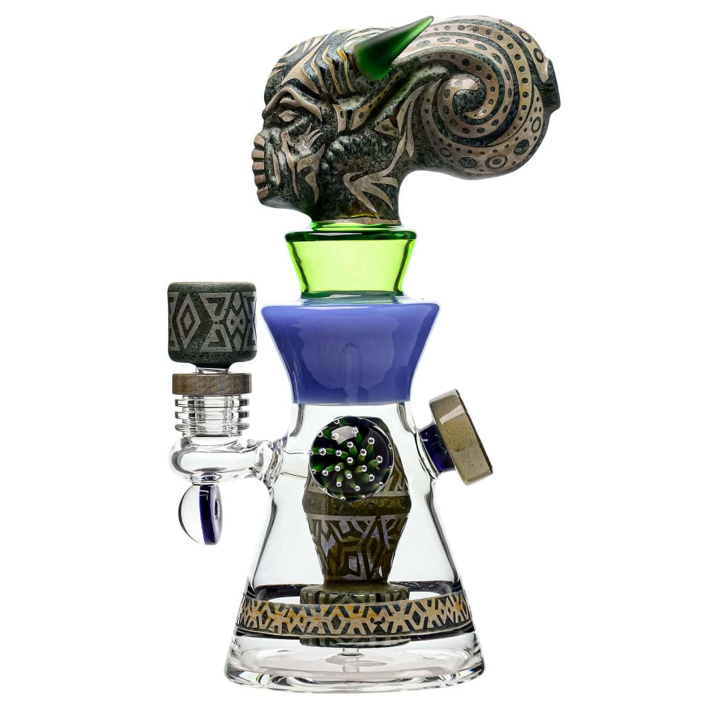 Artistic Etch Dab Rig V2 with horned head design and slitted cut perc in thick glass