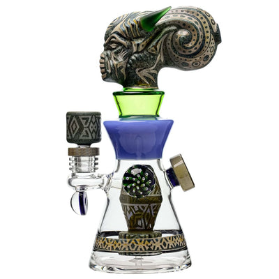 Artistic Etch Dab Rig V2 with horned head design and slitted cut perc in thick glass