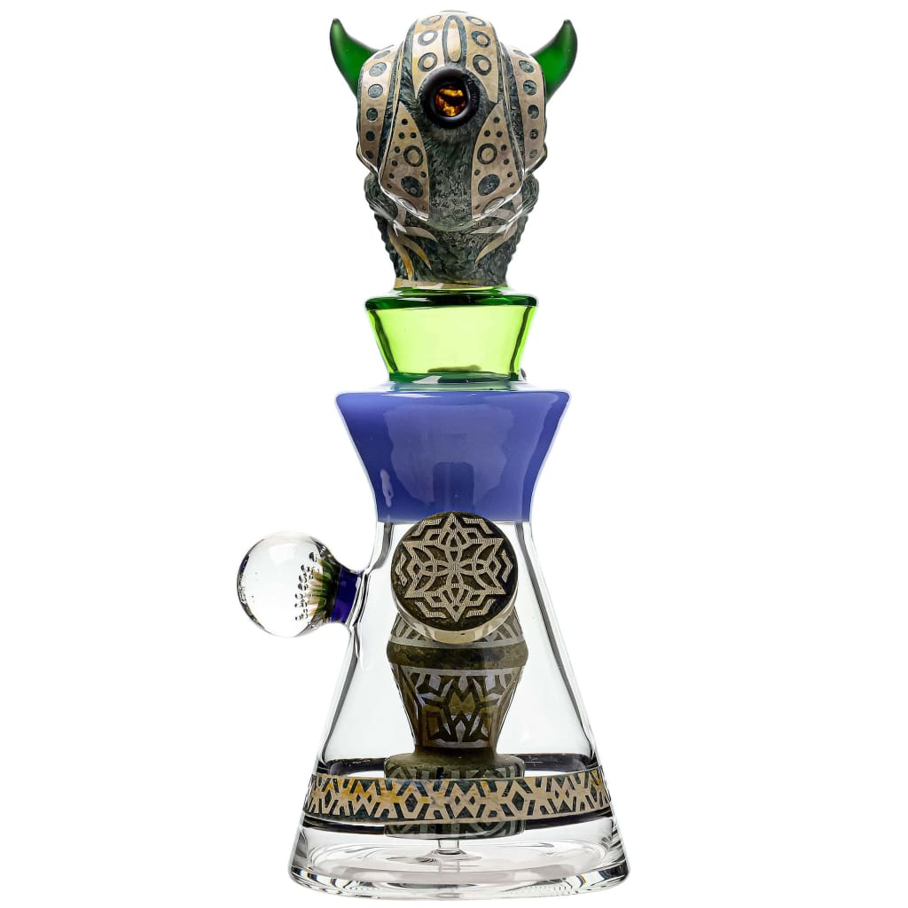 Etch Dab Rig V2 with Slitted Cut Perc and detailed horned head design in clear glass