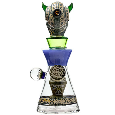 Etch Dab Rig V2 with Slitted Cut Perc and detailed horned head design in clear glass