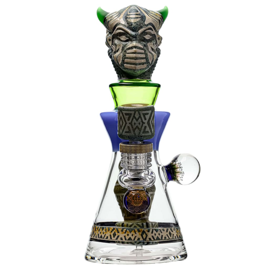 Etch Dab Rig V2 with Slitted Cut Perc featuring horned tribal mask design and colorful neck