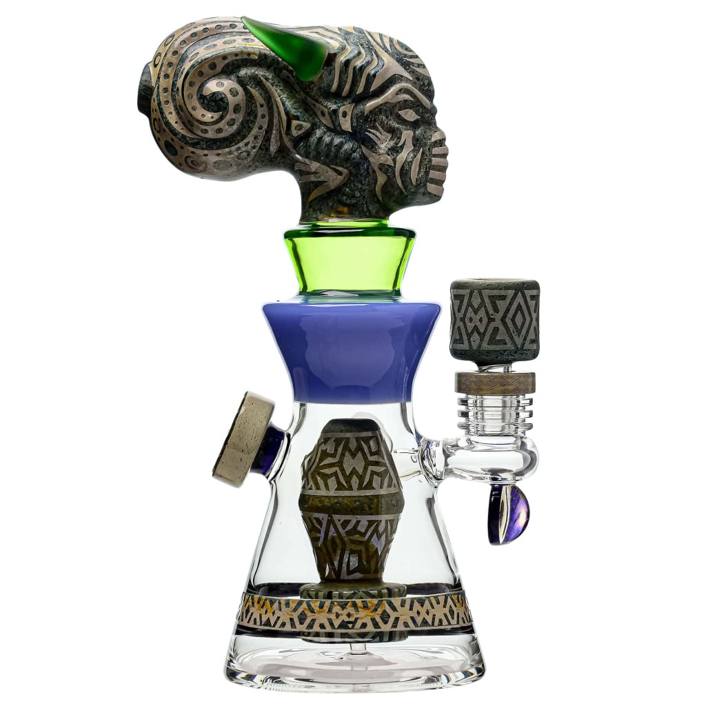 Etch Dab Rig V2 with Slitted Cut Perc featuring an intricately designed glass bong with horned headpiece