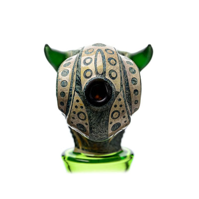 Green and gold alien-shaped glass bong attachment for Etch Dab Rig V2 with slitted cut perc
