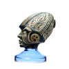 Ornate stone head sculpture on blue glass base for Etch Dab Rig with Slitted Cut Perc