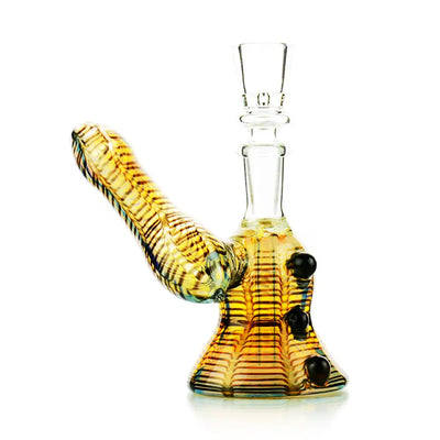 Glass water pipe with yellow and black accents for hemp wraps from Smokerolla Ships