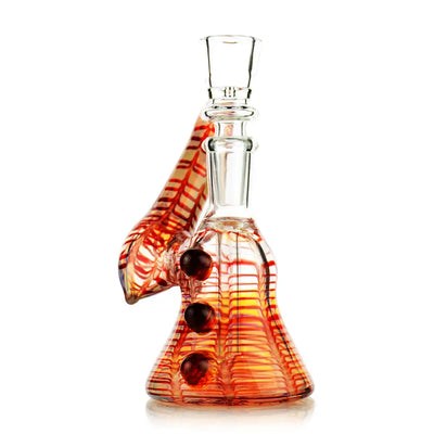 Red-striped glass water pipe with three dark marbles from Smokerolla Ships, ideal for hemp wraps