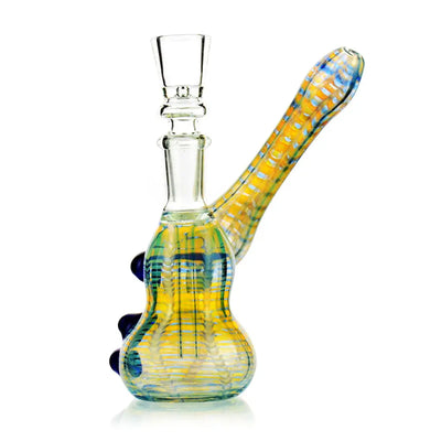 Yellow and blue glass bubbler from Smokerolla Ships with hemp wraps at Lion Rolling Circus