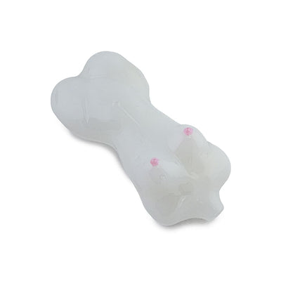 Milky Hues female body glass pipe shaped like a white bone with pink dots
