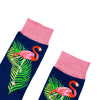 Navy blue Flamingo Leaf Socks featuring pink flamingo and tropical leaf design