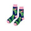 Colorful Flamingo Leaf Socks with flamingos and tropical leaves on navy blue background